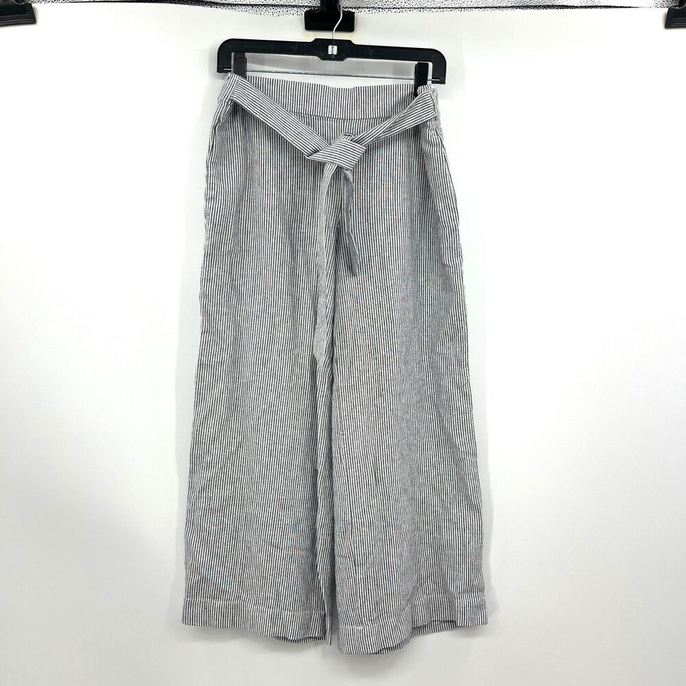 LOFT Outlet Linen Blend Wide Leg Crop Pants Sz S Gray Stripe Tie Waist Mid Rise